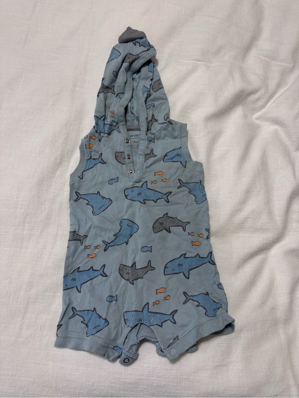Carter's Light Blue Shark Hooded Romper with Orange Fish